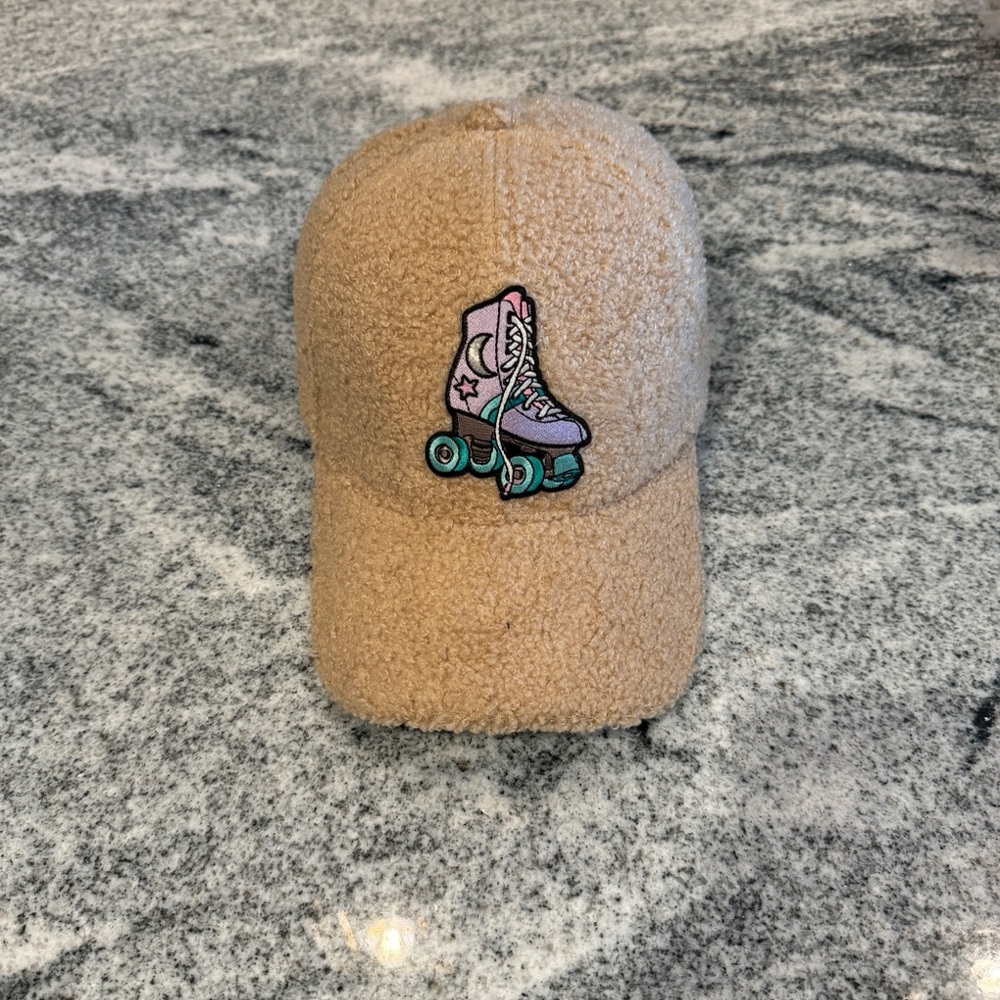 New Custom Designed Tan Teddy Sherpa Baseball Cap with Purple Roller Skate.